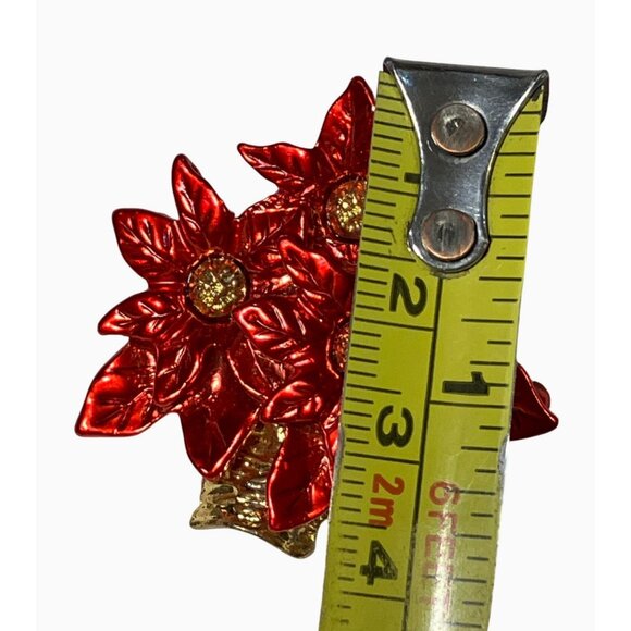 Red Poinsettia Flower Brooch Pin Gold-Tone Metal Festive Holiday Jewelry - Picture 5 of 8